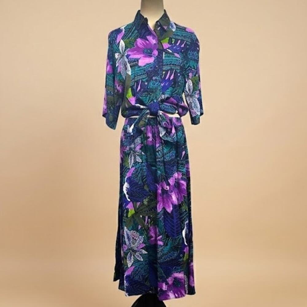 VTG Michele Leslie California Purple Floral Pleated Top Skirt M L USA Tropical